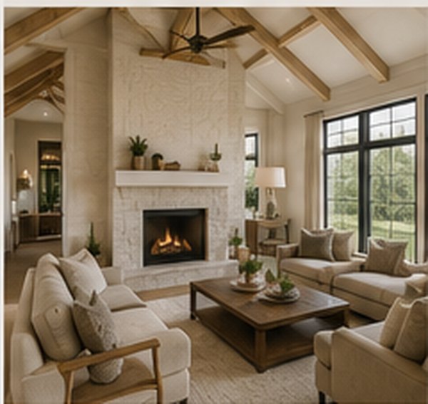 Living room with vaulted ceiling and fireplace