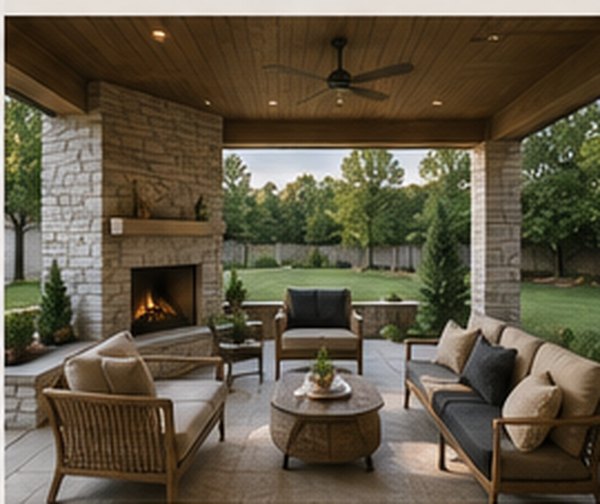 Covered outdoor living space with stone fireplace